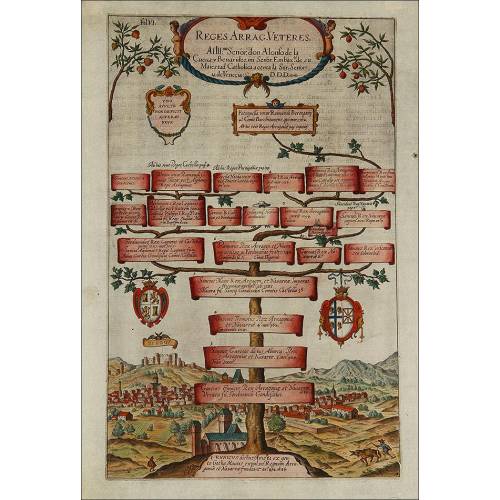 Engraving with the Genealogical Tree of the Kings of Aragon. Year 1608. Original Color