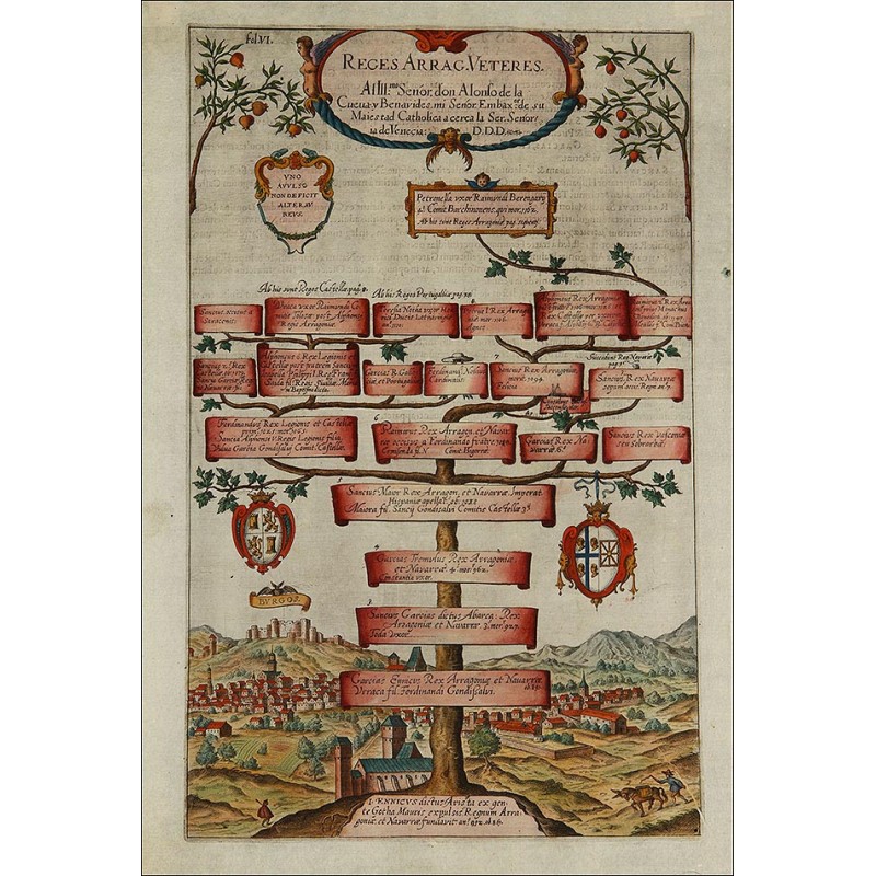 Engraving with the Genealogical Tree of the Kings of Aragon. Year 1608. Original Color