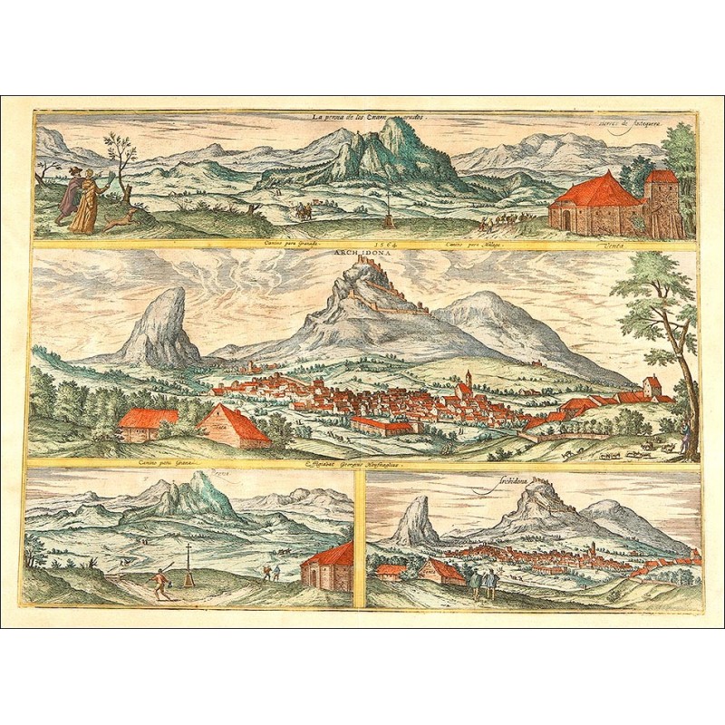 Hermoso Grabado Original de 1564. Antequera, Archidona, La Peña de Los Enamorados.