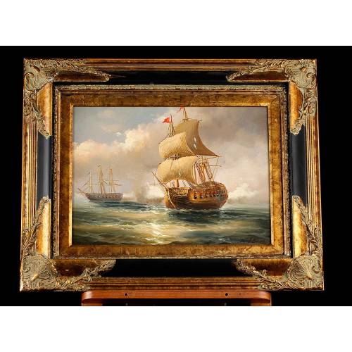 Classic Oil Painting, Framed. Naval Battle. XX Century School