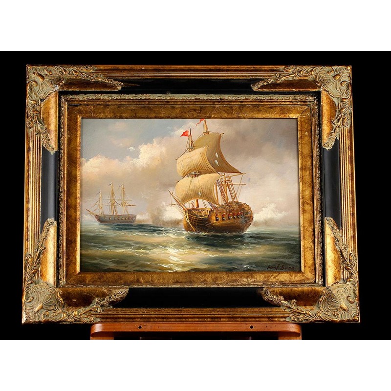 Classic Oil Painting, Framed. Naval Battle. XX Century School
