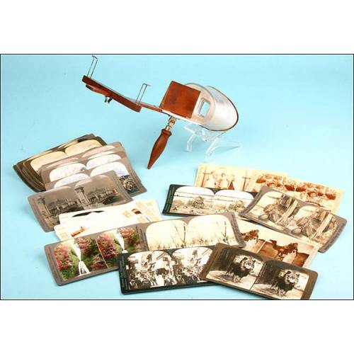 Antique Underwood stereoscope, circa 1901 with 41 stereoscopic photographs.