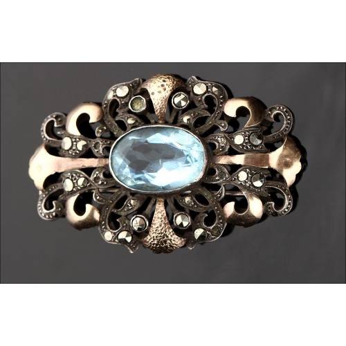 Antique 19th Century Silver and Gold Brooch with Large Aquamarine and Zirconia.