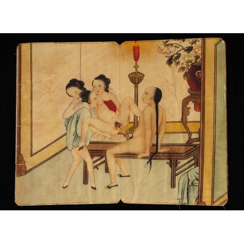 Rare Folding Book of Erotic Images Printed on Silk. China, 1st Quarter S. XX
