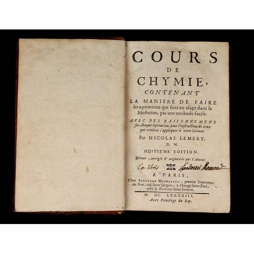 Chemistry, 1693. "Cours de Chymie" by Nicolas Lemery. Original engravings. Good condition.