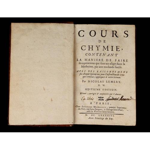 Chemistry, 1693. "Cours de Chymie" by Nicolas Lemery. Original engravings. Good condition.