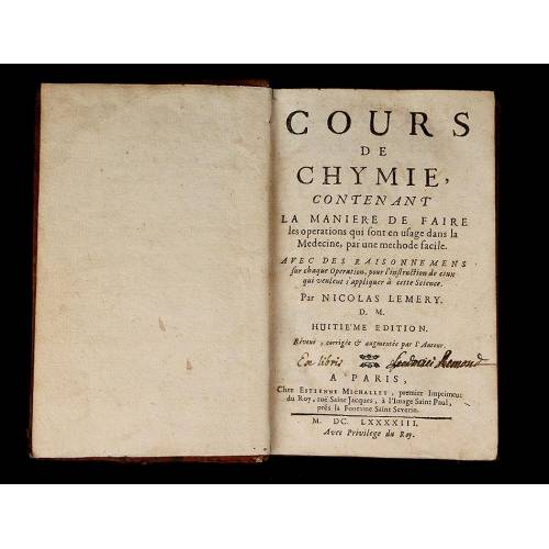 Química, 1693. Cours de Chymie de Nicolas Lemery. Grabados Originales. Buen Estado