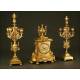 Spectacular Mantel Clock with Pair of Candelabra. Set of Bronze S. XIX