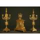 Spectacular Mantel Clock with Pair of Candelabra. Set of Bronze S. XIX