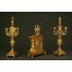 Spectacular Mantel Clock with Pair of Candelabra. Set of Bronze S. XIX