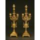 Spectacular Mantel Clock with Pair of Candelabra. Set of Bronze S. XIX