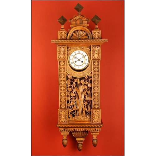 Fantastic Hand Carved Cypress Wood Wall Clock. XIX Century