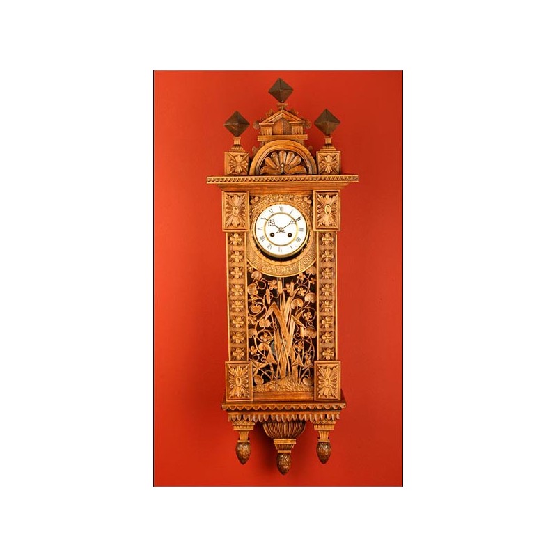 Fantastic Hand Carved Cypress Wood Wall Clock. XIX Century