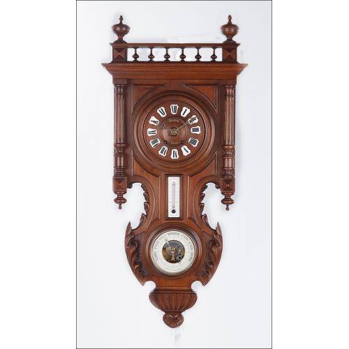 Beautiful Antique Wall Clock with Barometer and Thermometer. France, Late 19th Century