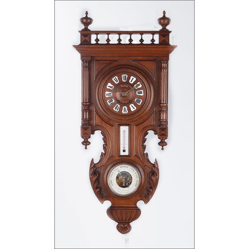 Beautiful Antique Wall Clock with Barometer and Thermometer. France, Late 19th Century