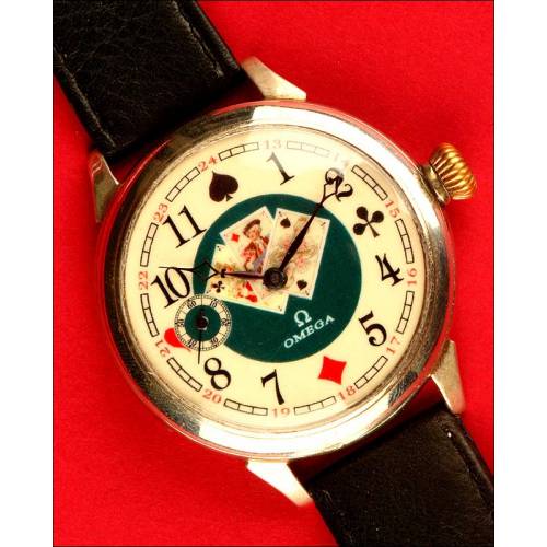 Original Omega Gentleman's Wristwatch decorated with Poker Cards, 1915.