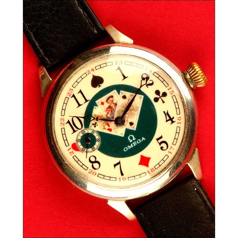 Original Omega Gentleman's Wristwatch decorated with Poker Cards, 1915.