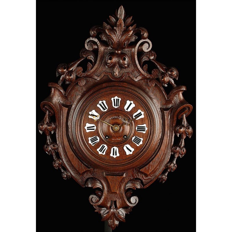 Fantastic Wall Clock with Carved Solid Wood Case. France, Circa 1870