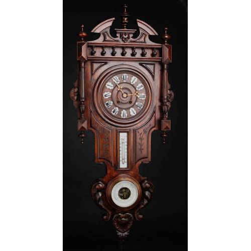Antiguo Reloj de Pared Francés Con Barómetro y Termómetro. Circa 1900