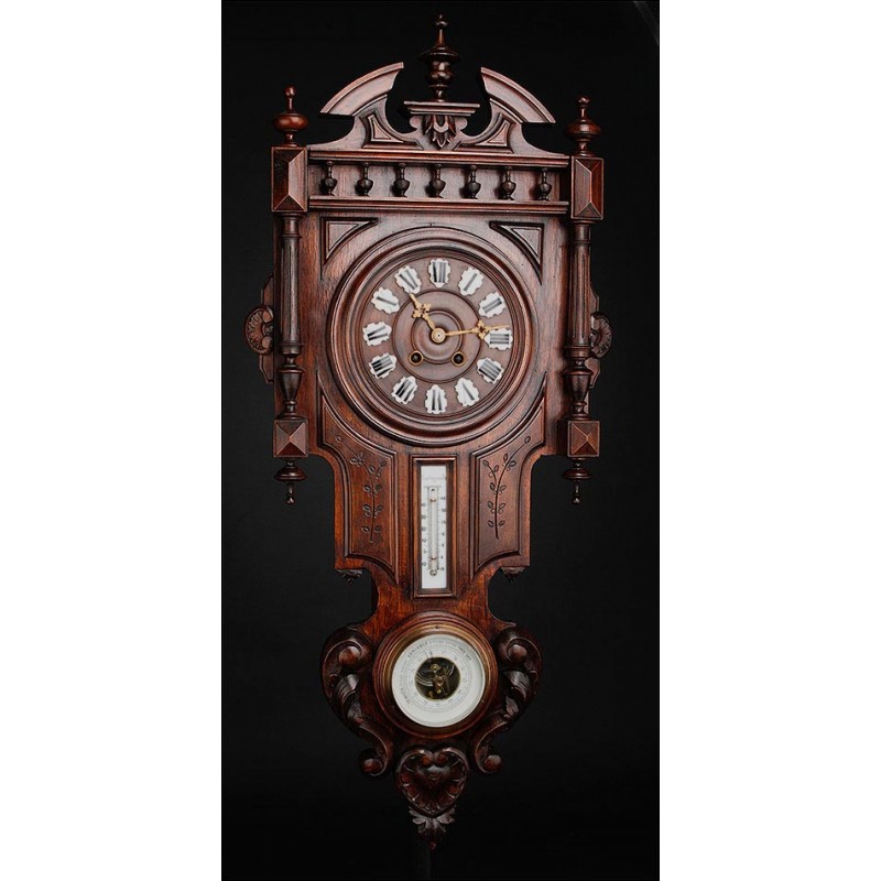 Antique French Wall Clock with Barometer and Thermometer. Circa 1900