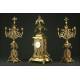 Large French Mantel Clock with Candelabra, 19th Century. Made in Bronze