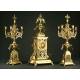 Large French Mantel Clock with Candelabra, 19th Century. Made in Bronze