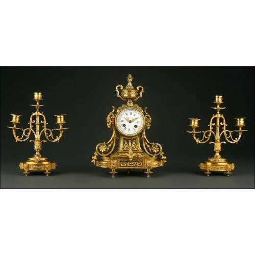 French Mantel Clock with Candelabra, Circa 1.870. Signed and Working.