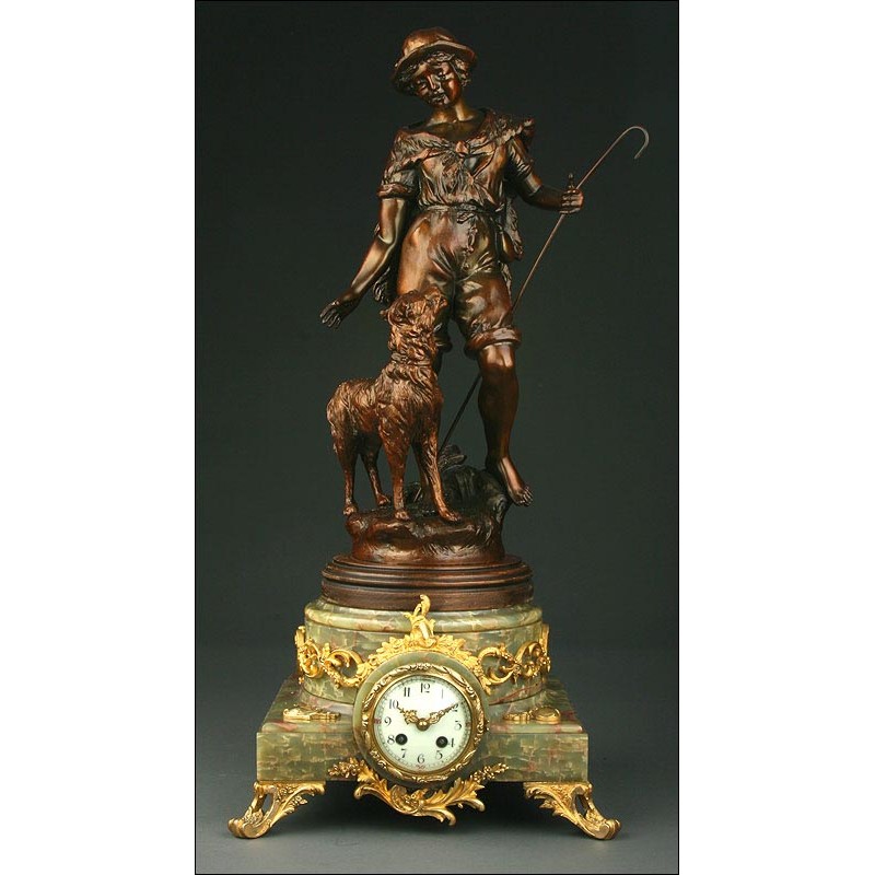 French 19th Century Marble Clock with Bronze Sculpture. Working Fine.