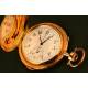 Complejo Reloj de Bolsillo Saboneta, Oro 14K, Suiza, 1880, Sonería, Cronógrafo y Cronómetro, Marca B. Leefe & Sons
