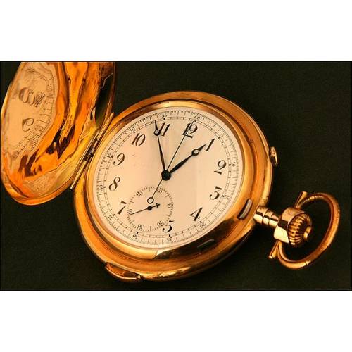 Complejo Reloj de Bolsillo Saboneta, Oro 14K, Suiza, 1880, Sonería, Cronógrafo y Cronómetro, Marca B. Leefe & Sons