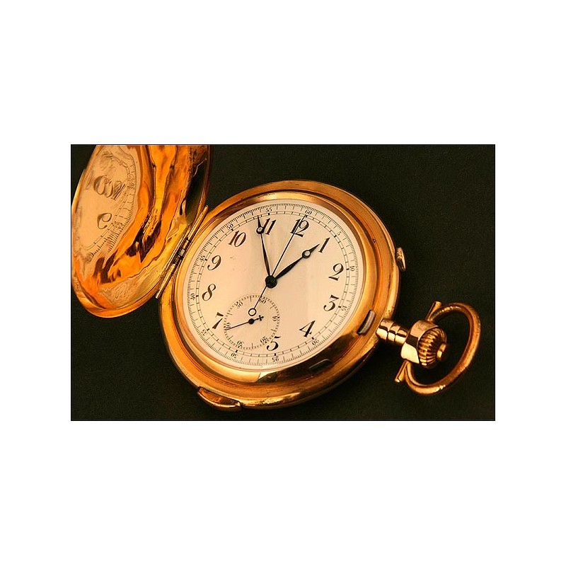 Complejo Reloj de Bolsillo Saboneta, Oro 14K, Suiza, 1880, Sonería, Cronógrafo y Cronómetro, Marca B. Leefe & Sons