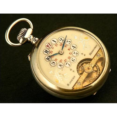 Reloj de Bolsillo Lepine, Hebdomas, Suiza, Plata Maciza, 8 Días Cuerda, Año 1890. Inusual