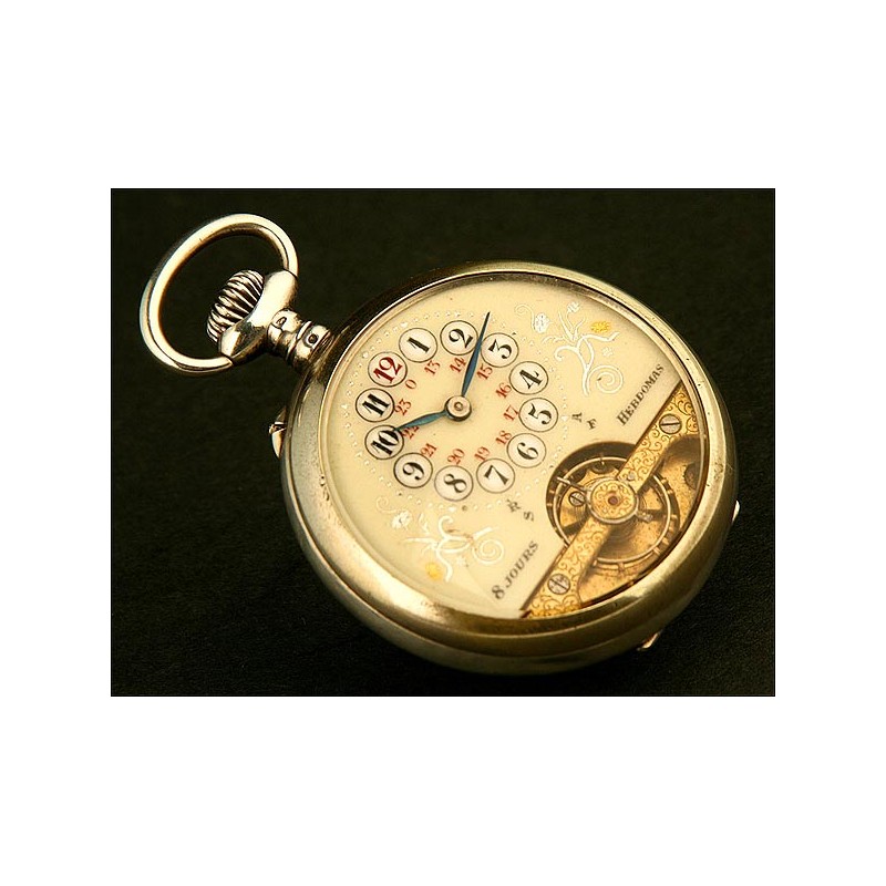 Reloj de Bolsillo Lepine, Hebdomas, Suiza, Plata Maciza, 8 Días Cuerda, Año 1890. Inusual