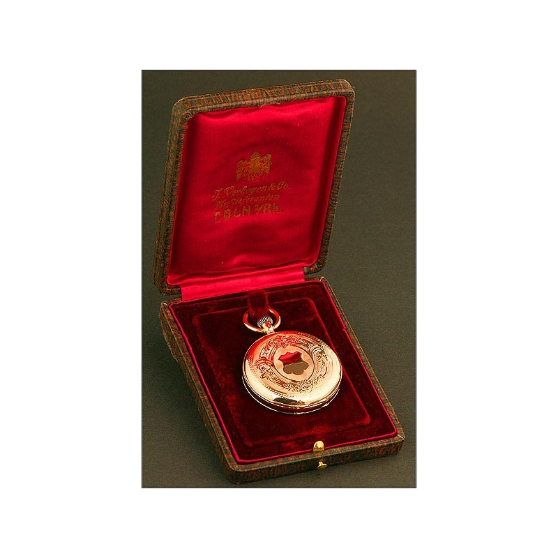 Reloj de Bolsillo Saboneta Suizo, Oro de 14 K, caja Ancre, de 15 Rubíes, año 1880, en Estuche Original Alemán de Piel