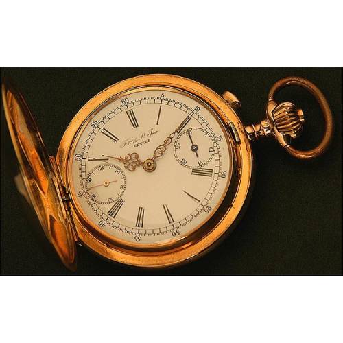 Reloj-Cronómetro de Bolsillo, Saboneta, Oro macizo, Suizo, Fábrica de St. Jean, 18 Rubíes, Año 1870, con Cadena
