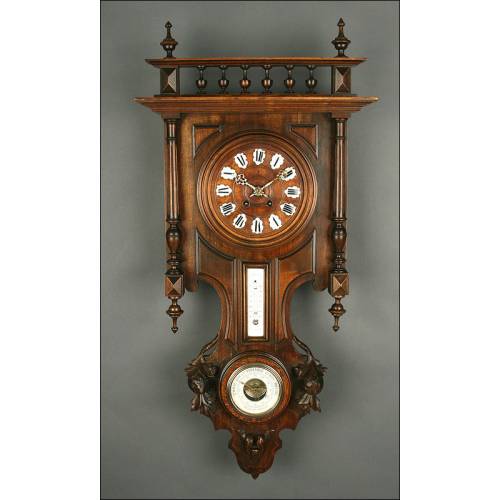 Reloj de Pared con Termómetro y Barómetro. Francia, S. XIX. En Madera Maciza y Funcionando