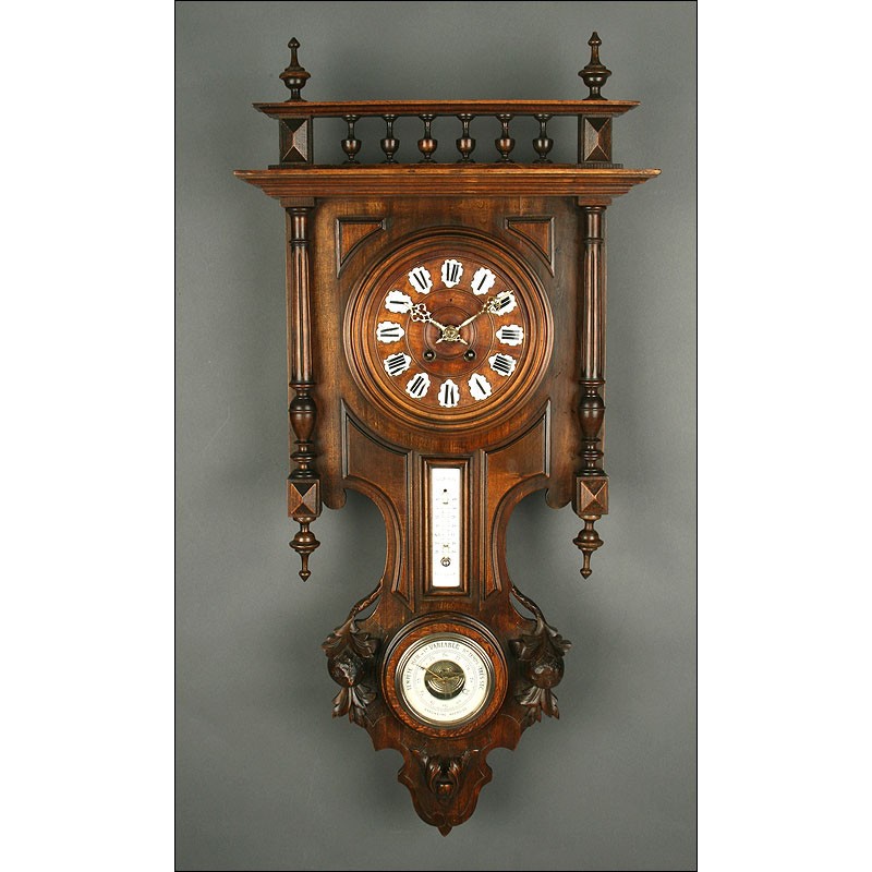 Reloj de Pared con Termómetro y Barómetro. Francia, S. XIX. En Madera Maciza y Funcionando