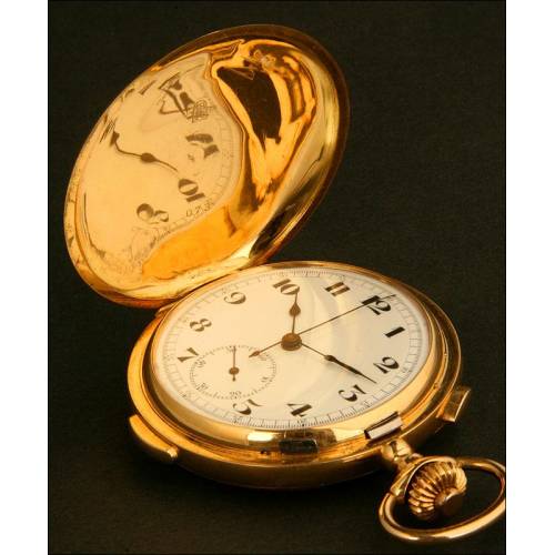Precioso Reloj de Bolsillo de Oro Macizo de 18 K, con Cronómetro y Sonería. Circa 1910
