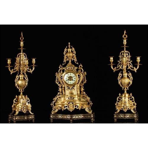 Beautiful Table Clock with Bronze Candelabra. France, 19th Century