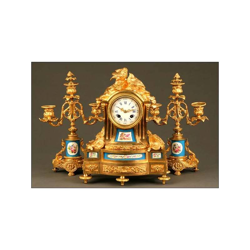 Reloj de Sobremesa Bronce dorado y S vres Francia Segunda Mitad