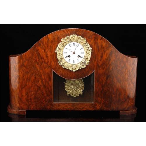 Precioso Reloj de Sobremesa Francés con Caja de Madera, Circa 1900. Maquinaria París. Funcionando
