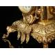 Spectacular Clock and Candelabra Set in gilded bronze. France, XIX Century