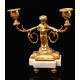 Set of Table Clock and Candelabra in Bronze and Marble. France, XIX Century