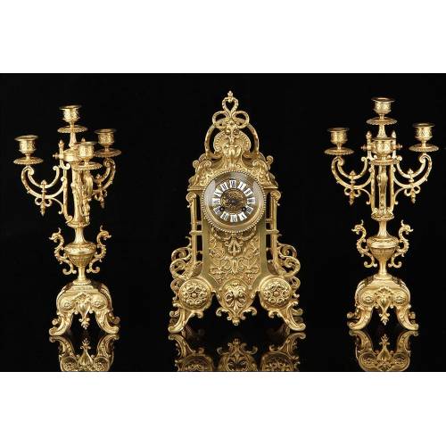 Antique Mantel Clock and Candlestick Set. France, 1900