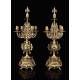Set of Clock and Pair of Candlesticks in Gilded Bronze. France, S. XIX. Working