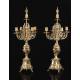 Set of Clock and Pair of Candlesticks in Gilded Bronze. France, S. XIX. Working