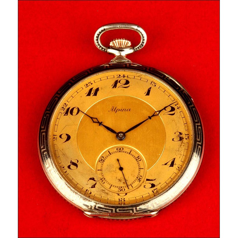 Reloj de Bolsillo Art Decó marca ALPINA en Plata Nielada. Alemania, 1930. En Buen Estado de Funcionamiento.