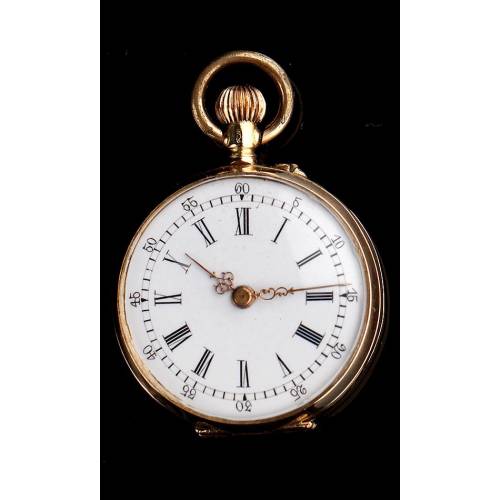 Bello Reloj de Bolsillo de Señora en Oro de 14K. Suiza, Circa 1890. En Estuche Original