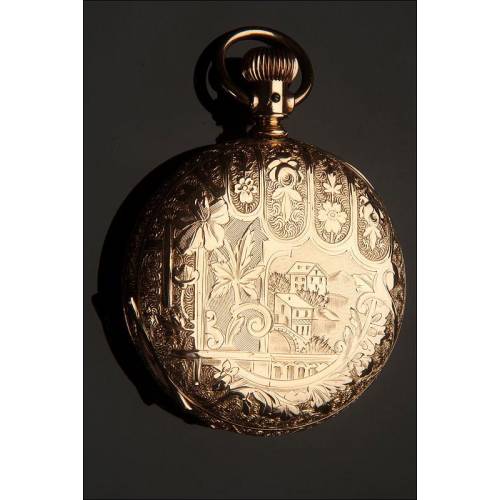 Exclusivo Reloj Americano de Bolsillo Hampden, 1889. Chapado en Oro y Grabado. Funcionando