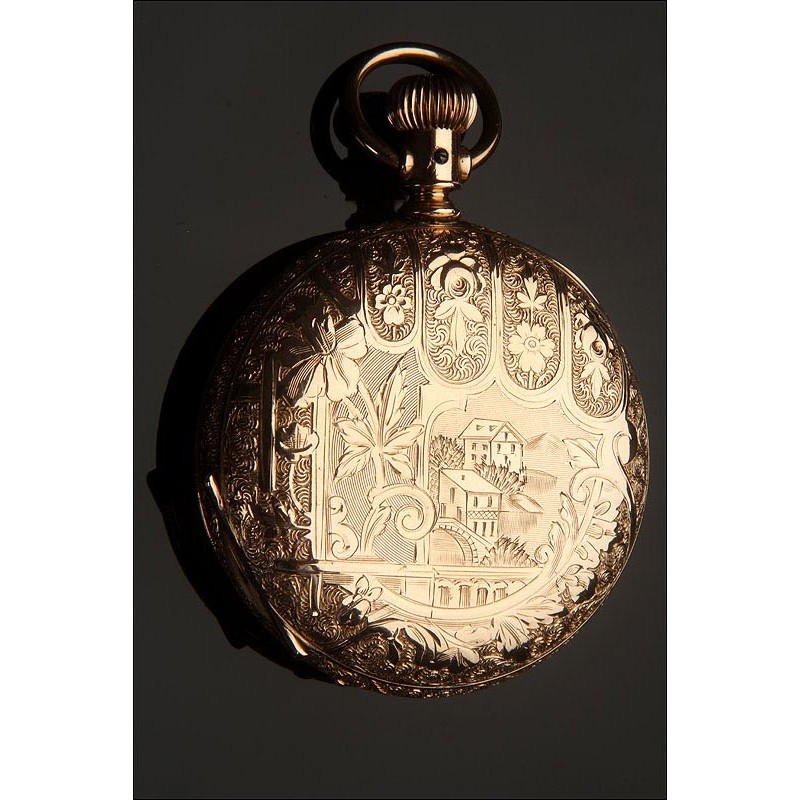 Unique Hampden American Pocket Watch, 1889. Gold Plated and Engraved. Running